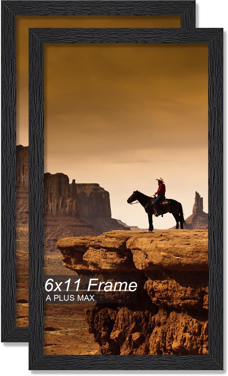 6x11 Picture Frame Set of 2, Black Engineered Wood Frame for 6 x 11 Inch Picture Poster Photo, Light Weight 6 by 11 Frame with Wood-grain for Wall - 2 Pack/Black/6"x11"